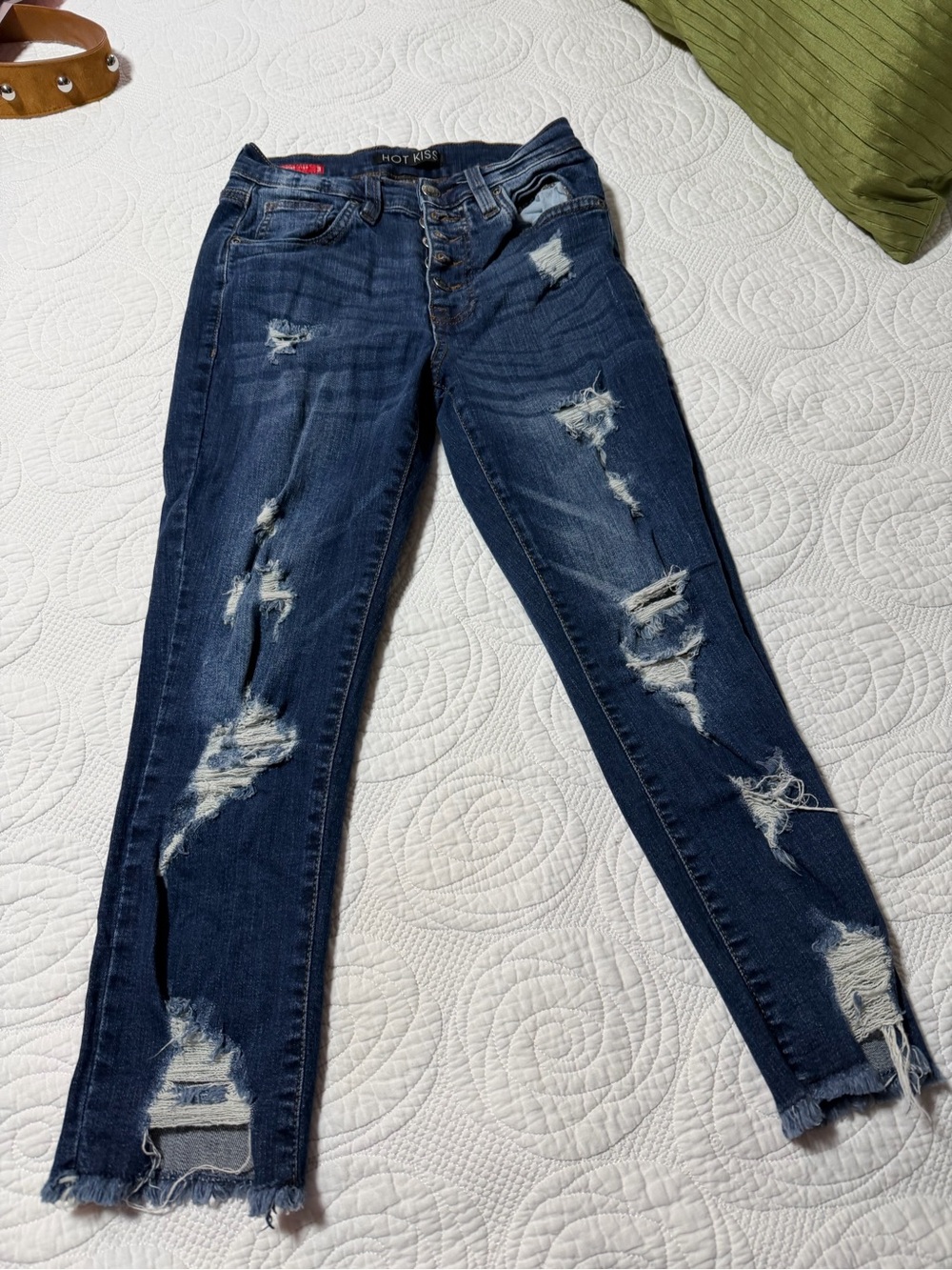 Hot Kiss Dark Blue Distressed Ankle Jeans